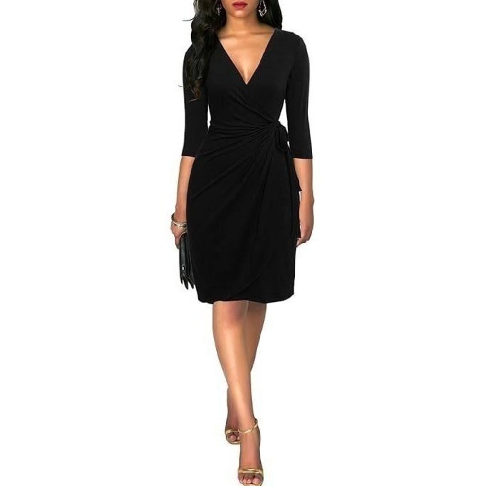 Women's‎ Faux Wrap Dress by Sunglory Black 3/4 Sleeve Size M New With Tags - Picture 3 of 12
